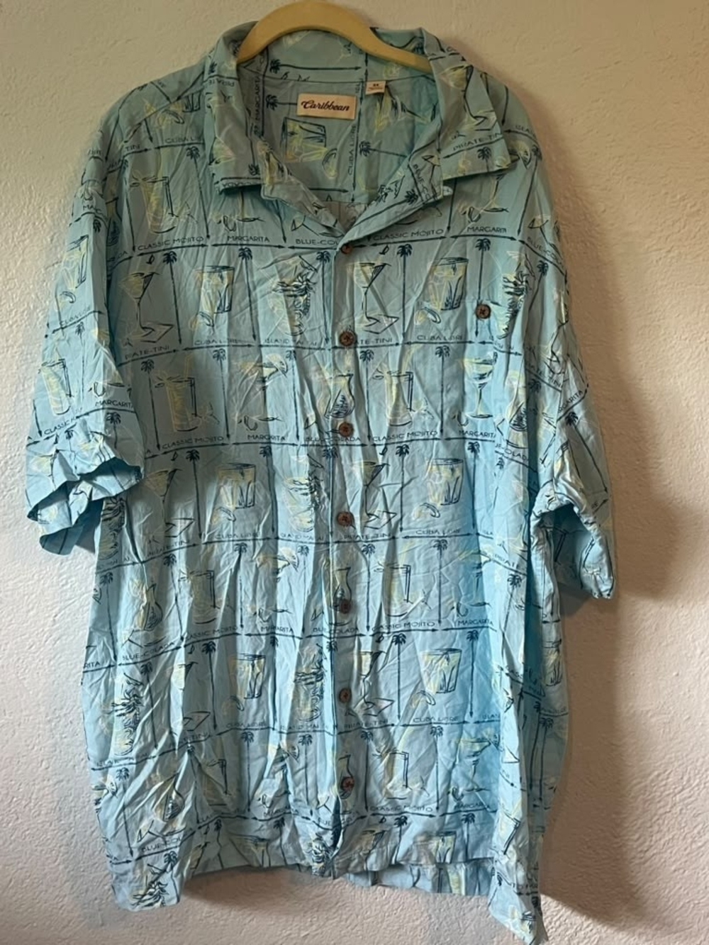 Caribbean Joe Light Blue Tropical Cocktail-Print Short Sleeve Shirt